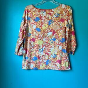 Talbots Women T Shirt Small Cotton Bateau Neck Tee Multi Color Flower 3/4 Sleeve